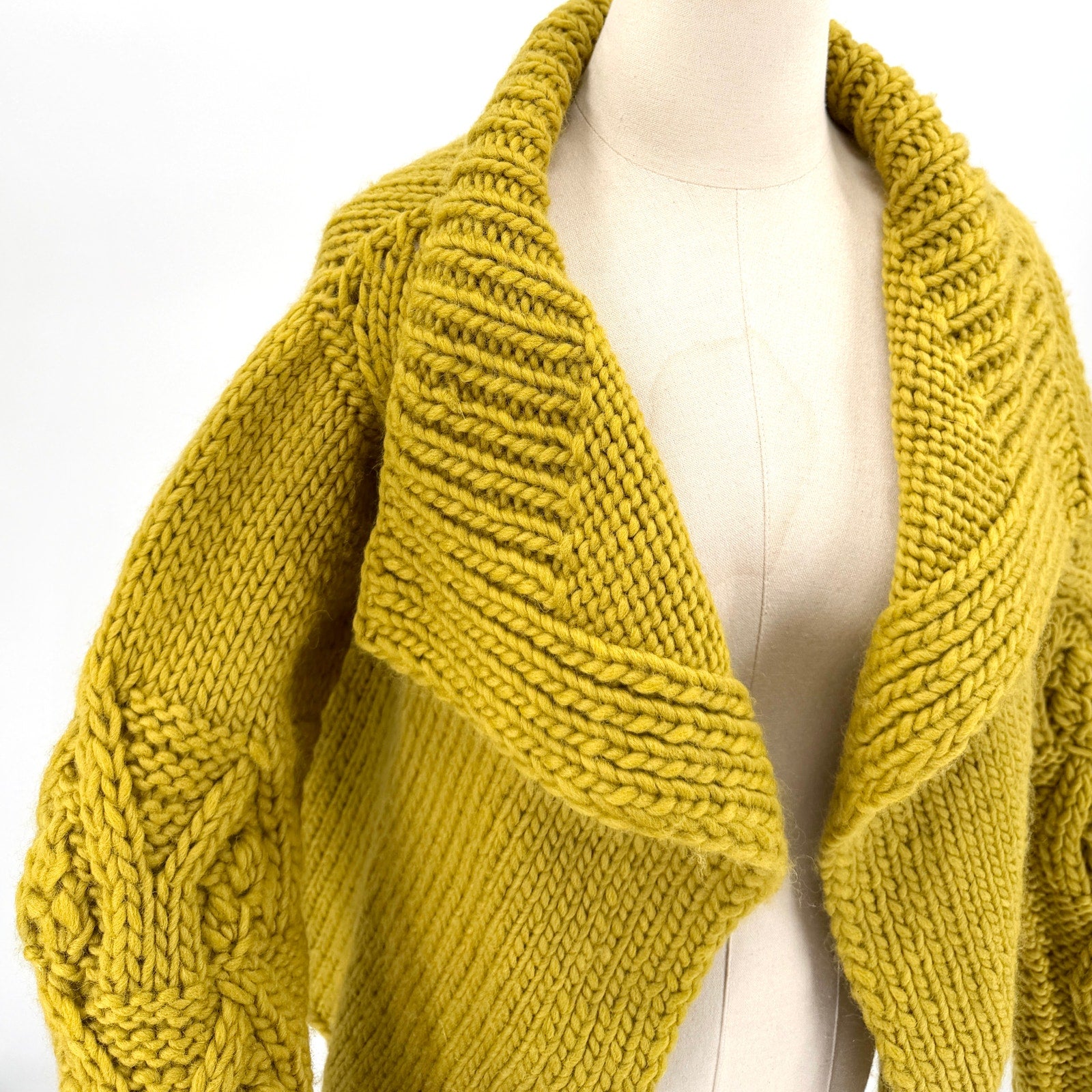 Yellow Chunky Hand Knit Shawl Collar Cardigan