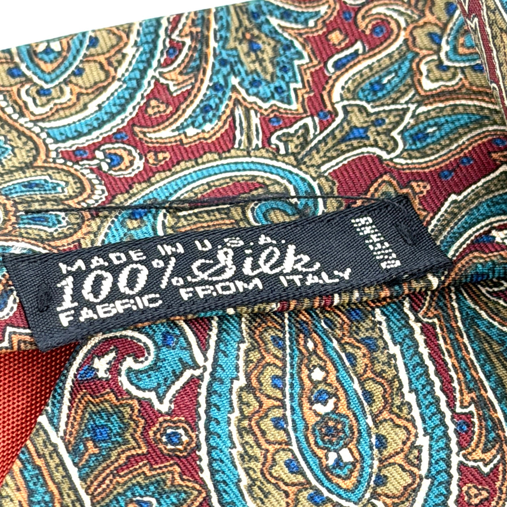 Vintage 80s Oleg Cassini Brick Red 100% Silk Olive Paisley Wide Necktie