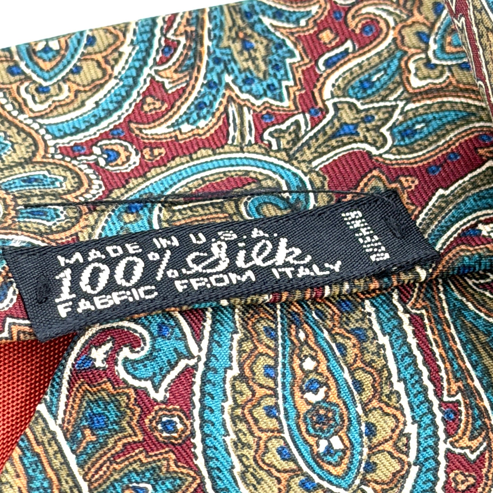 Vintage 80s Oleg Cassini Brick Red 100% Silk Olive Paisley Wide Necktie