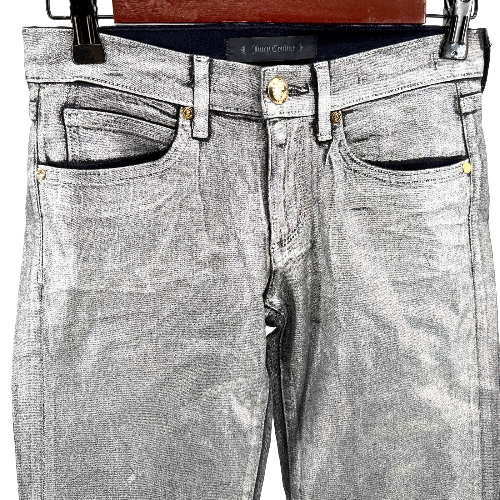 Juicy Couture Silver Metallic Wax Coated Stretchy Skinny Jeans