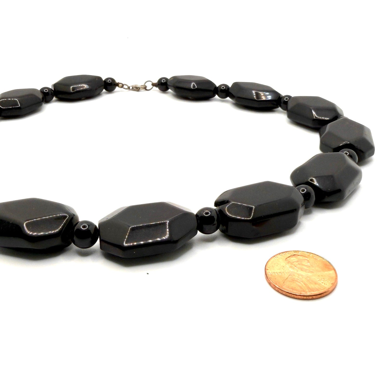 Vintage 90s Black Onyx Faceted Geometric Chunky Statement Necklace