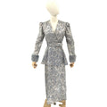 Vintage 80s Ice Blue Silver Brocade Crystal Embellished Mink Cuff Gown Dress