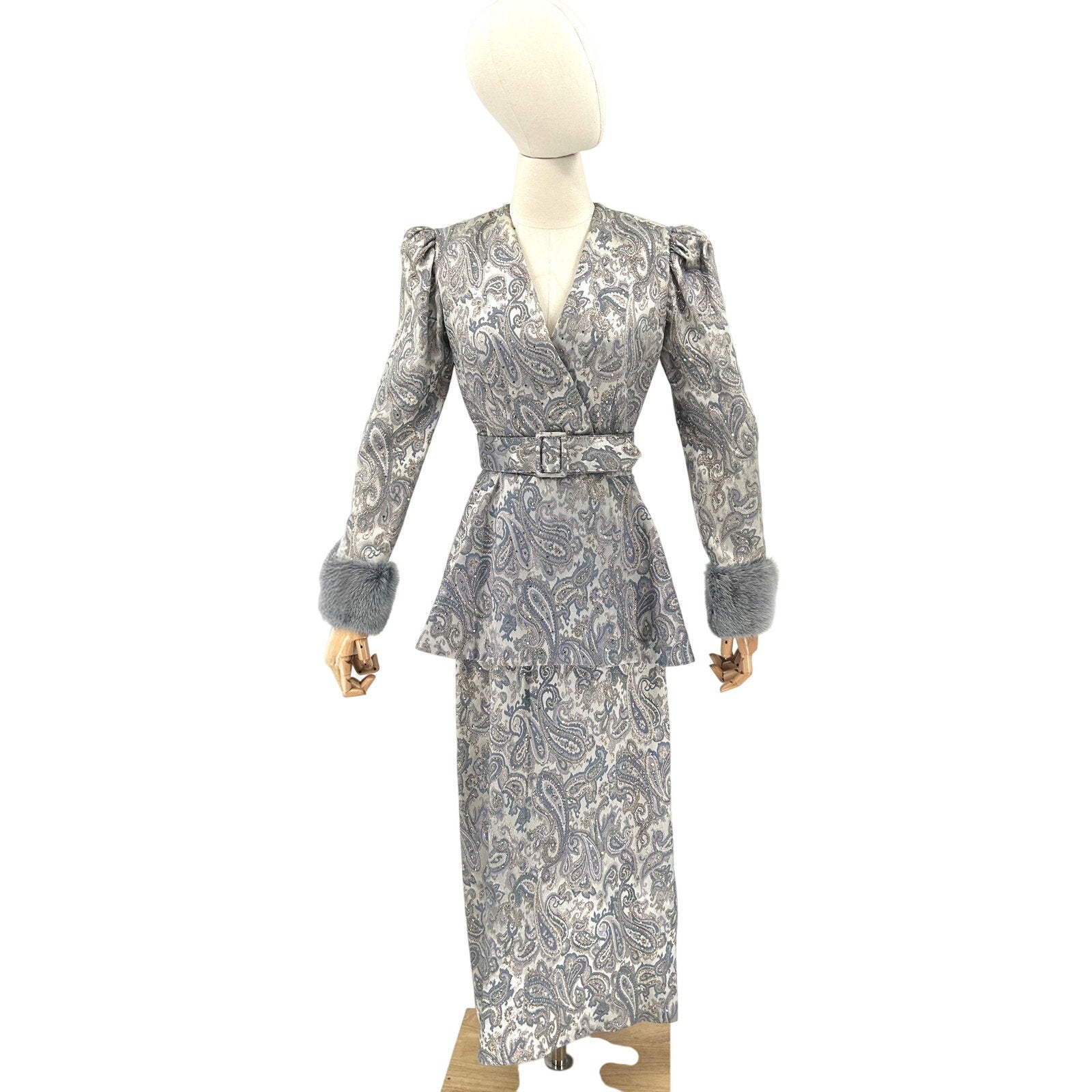 Vintage 80s Ice Blue Silver Brocade Crystal Embellished Mink Cuff Gown Dress