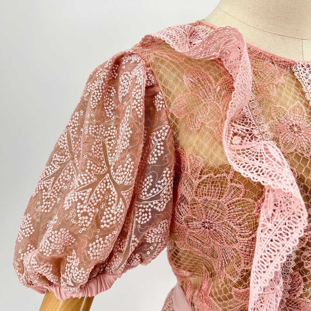 Self-Portrait Blush Pink Sequin Floral Lace Puff Sleeve Mini Dress