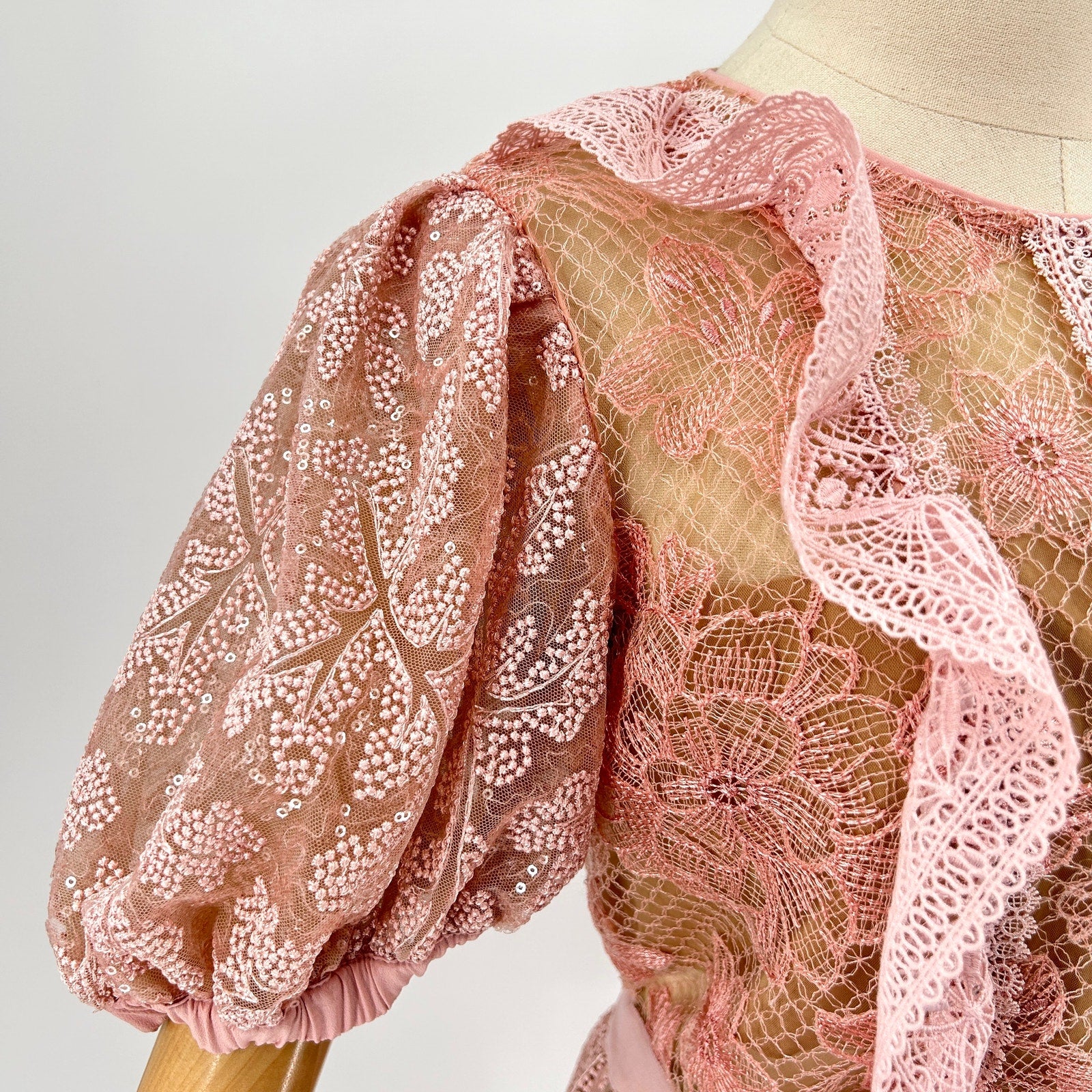 Self-Portrait Blush Pink Sequin Floral Lace Puff Sleeve Mini Dress