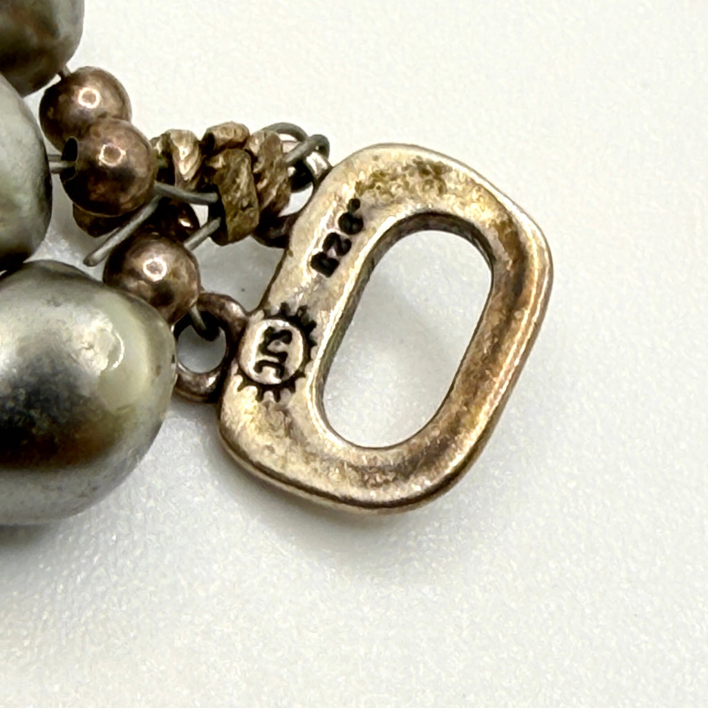 Vintage 90s Signed SJC Stamped 925 Sterling Grey Pearl Triple Strand Necklace