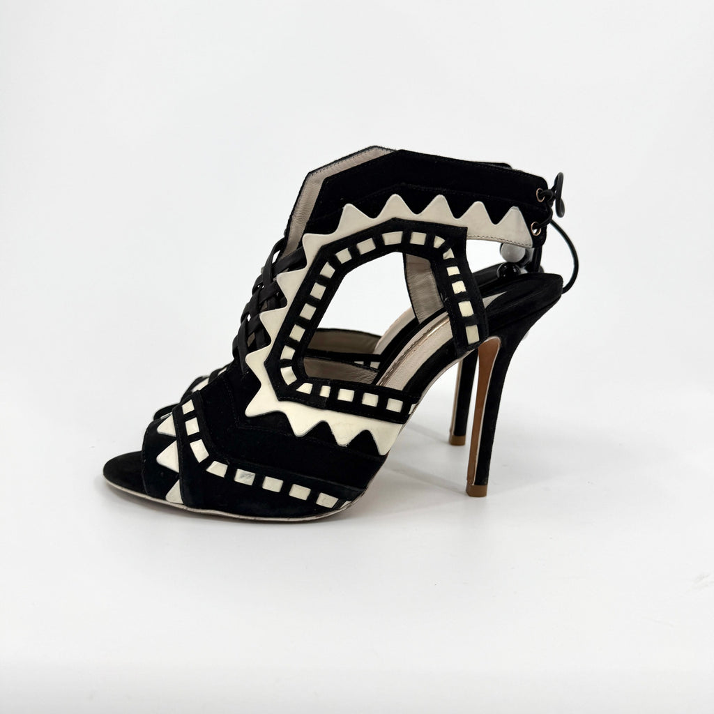 Sophia Webster Black White Genuine Suede Riko Lace Up Stiletto Sandals