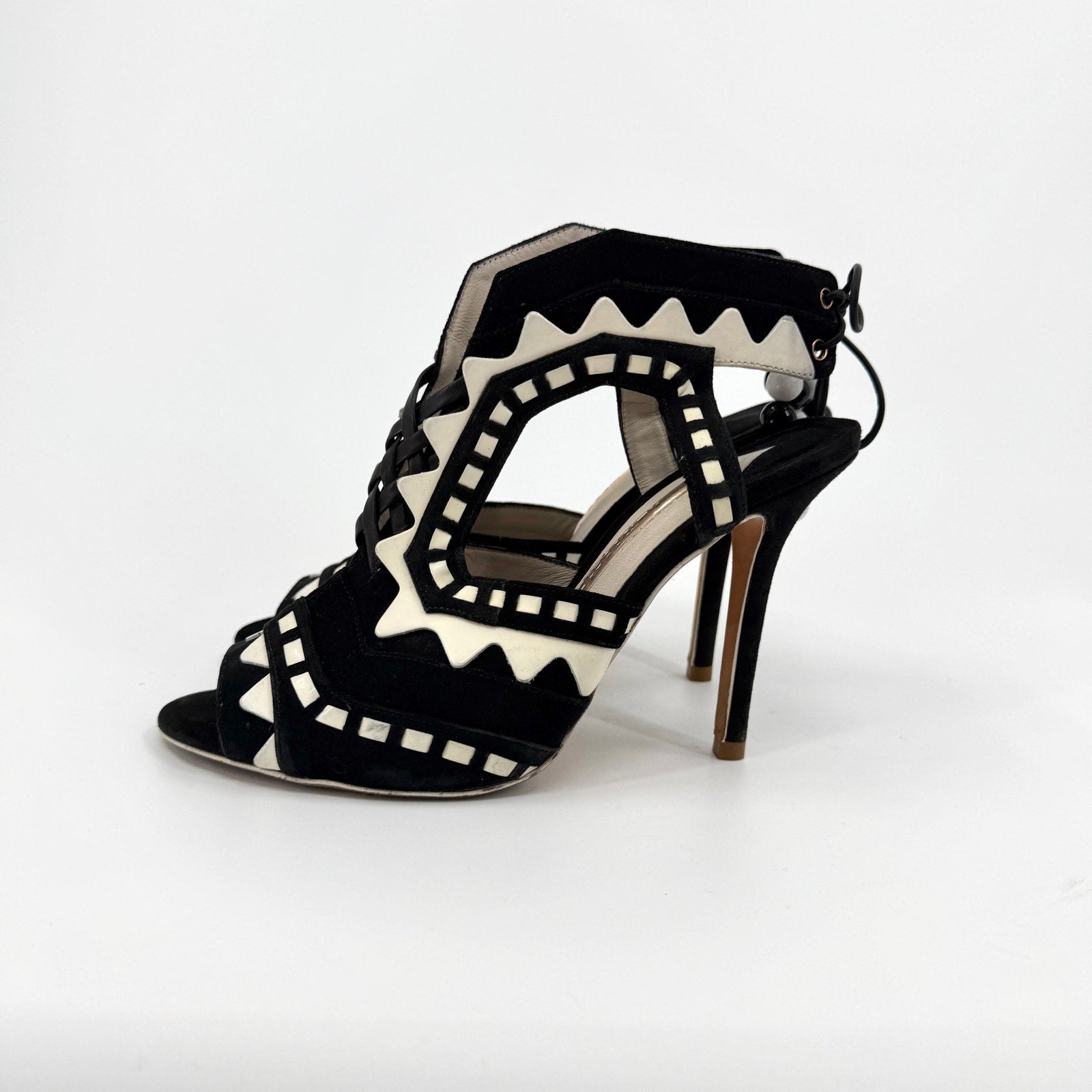 Sophia Webster Black White Genuine Suede Riko Lace Up Stiletto Sandals