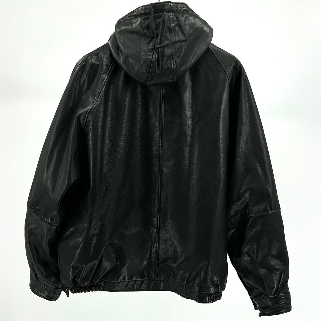 Vintage 90s DAF David Fahren Black Genuine Leather Hooded Bomber Jacket