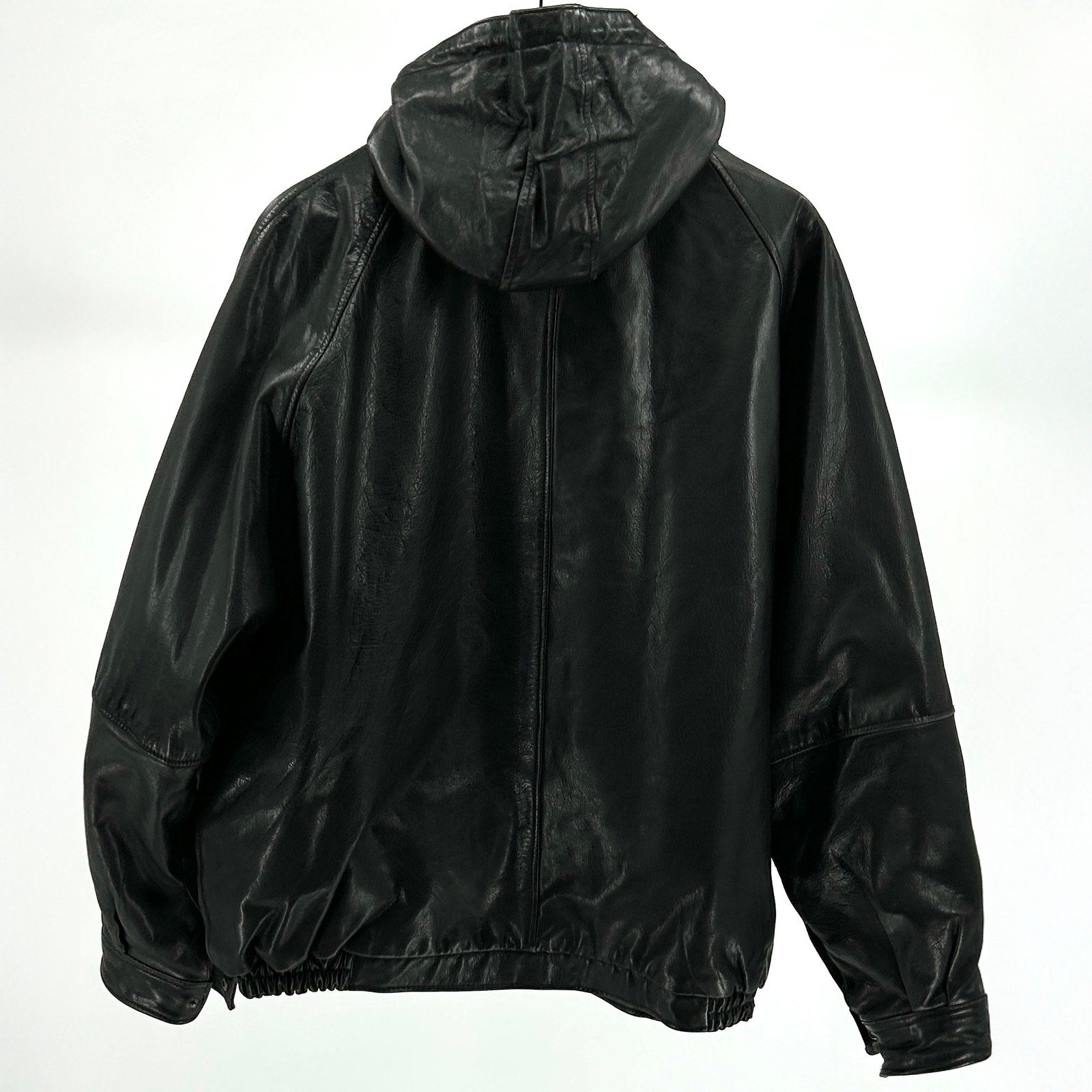 Vintage 90s DAF David Fahren Black Genuine Leather Hooded Bomber Jacket