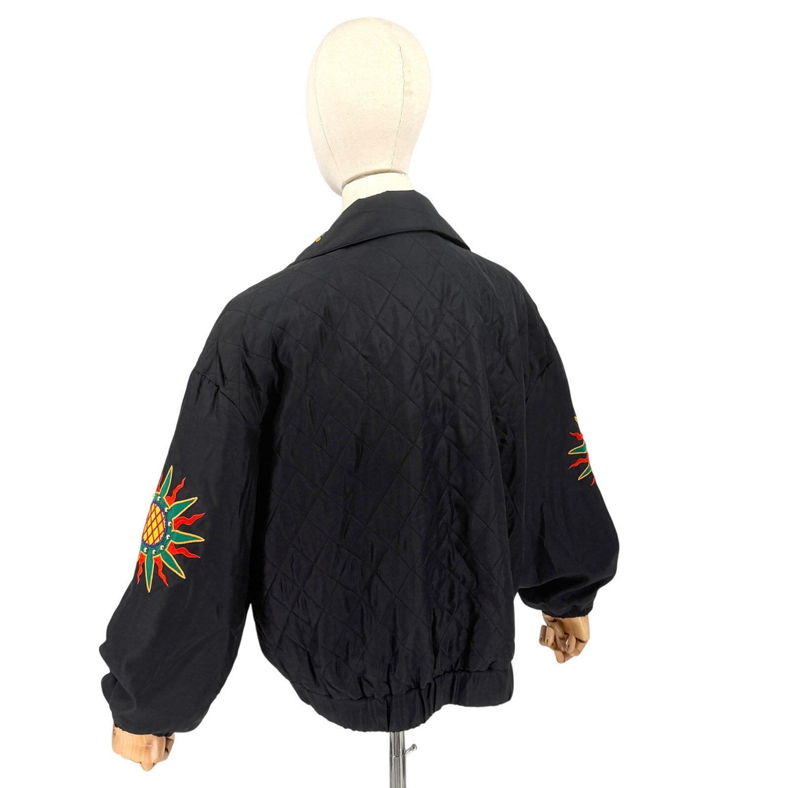 Vintage 90s I.B. Diffusion Black 100% Silk Embroidered Studded Bomber Jacket