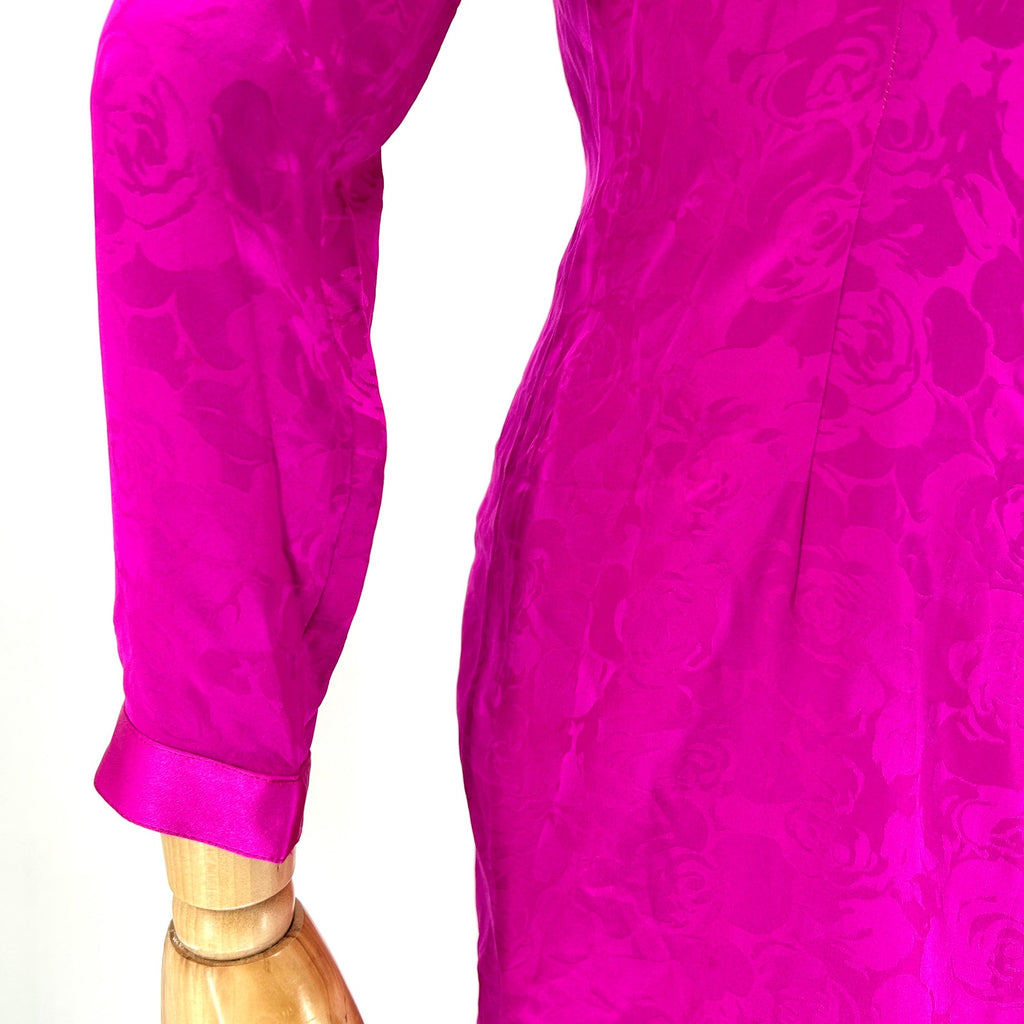Vintage 90s Papell Petites Pink 100% Silk Floral Jacquard Formal Cocktail Dress