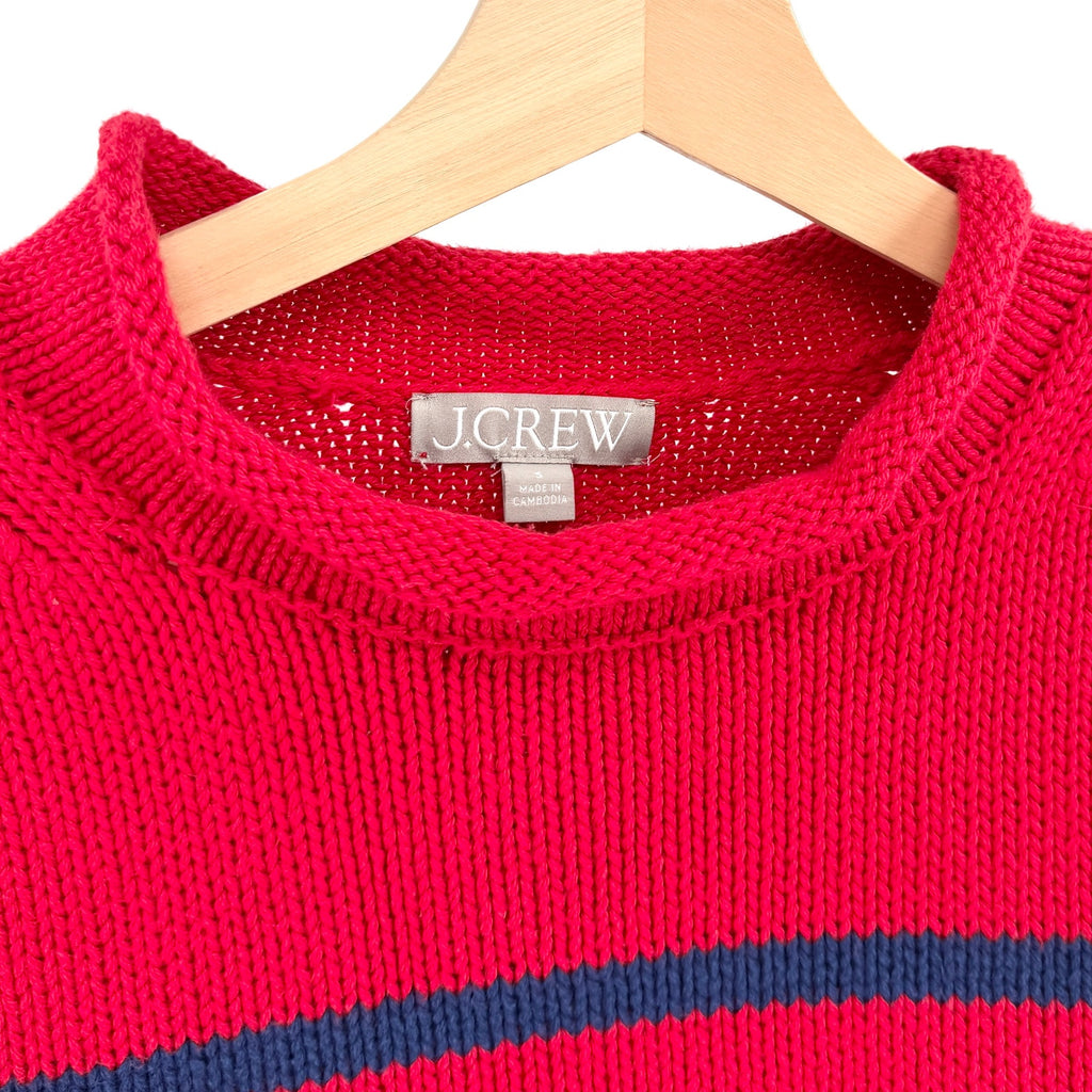 J.Crew Red Navy Blue 100% Cotton Striped Roll Top Mock Neck Sweater