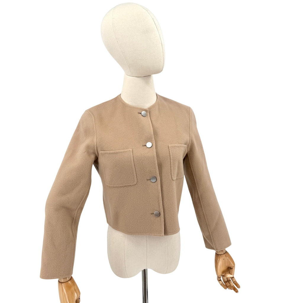 Theory Beige Cashmere Wool Minimalist Luxe Cropped Collarless Jacket
