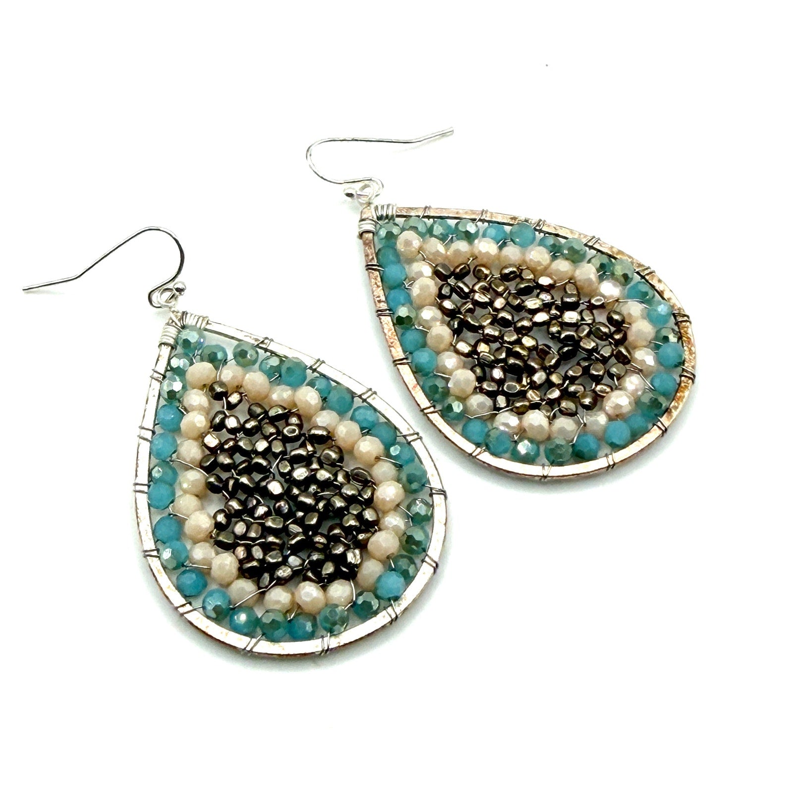 Vintage Y2K Sterling Silver Hematite Blue Beige Teardrop Dangle Earrings