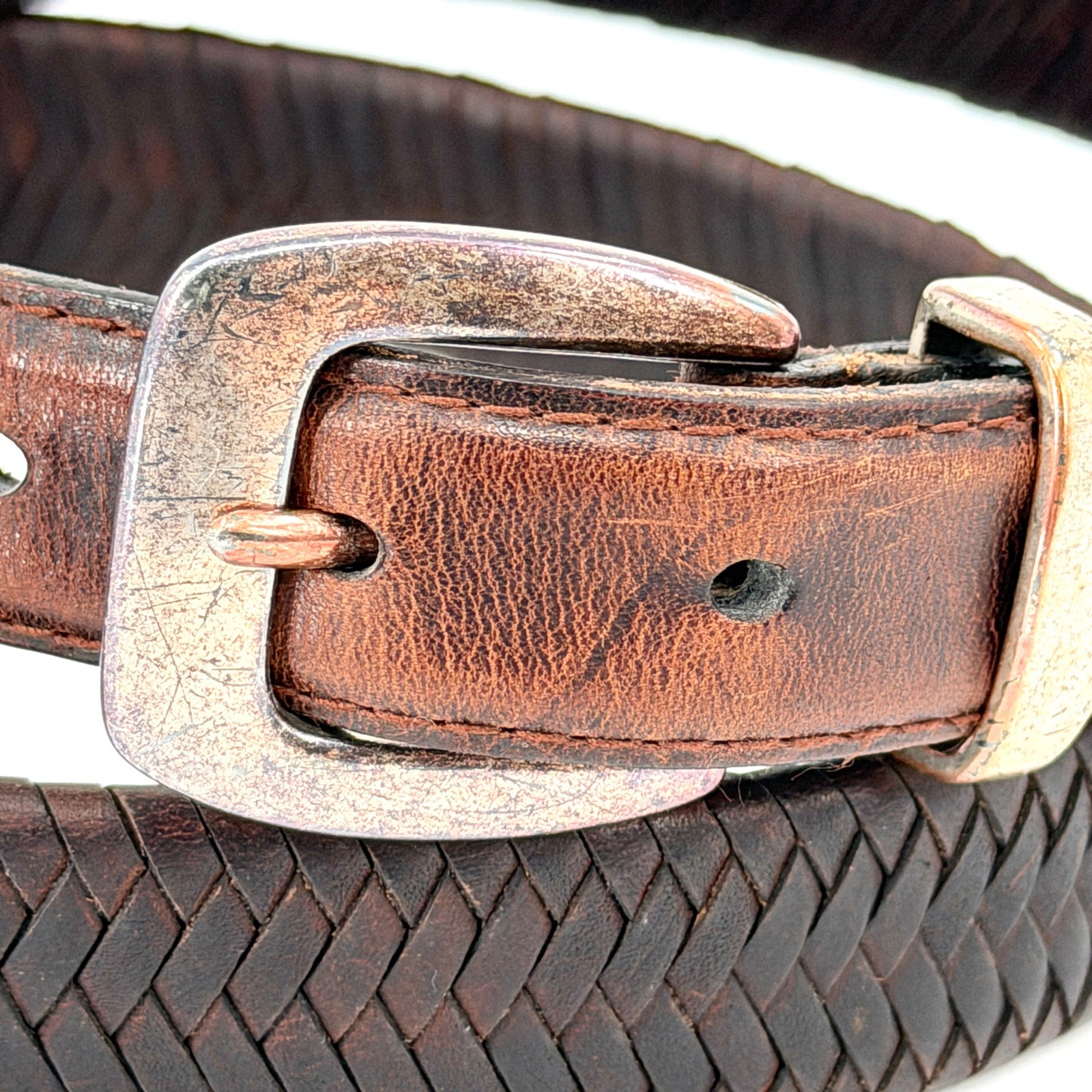 Vintage 90s Brown Genuine Leather Western Woven Silver Tip Belt