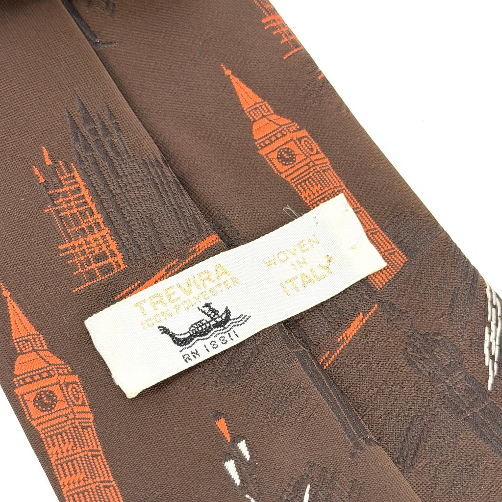 Vintage 70s Trevira Brown Orange London Novelty Architecture Super Wide Necktie