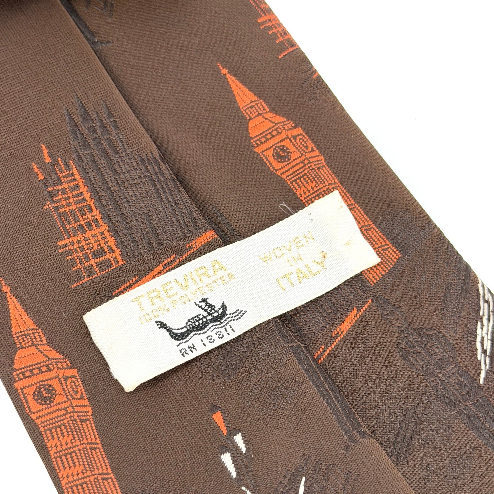 Vintage 70s Trevira Brown Orange London Novelty Architecture Super Wide Necktie