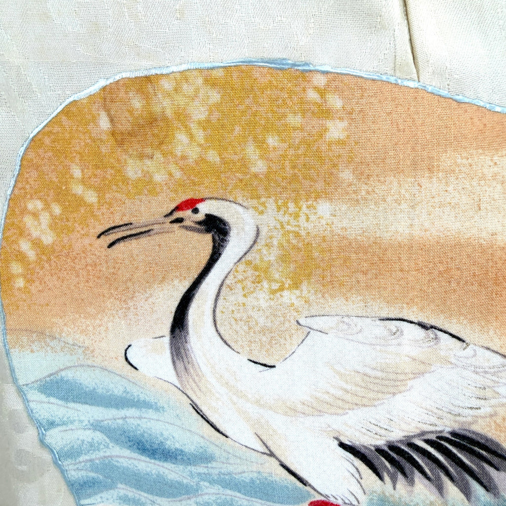 Vintage 70s Gray 100% Silk Boho Crane Art Lining Haori Kimono Jacket