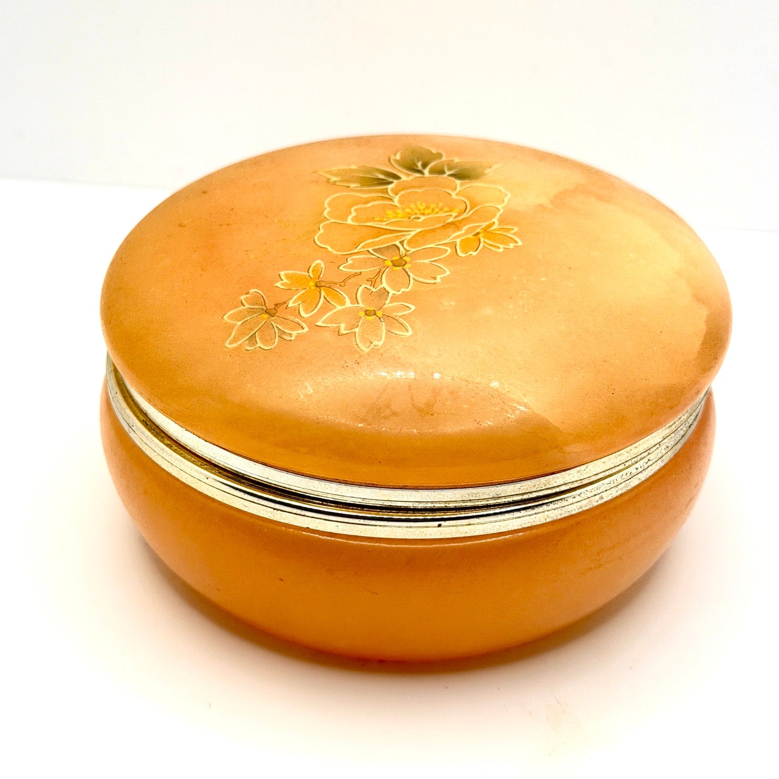 Vintage 70s Italian Hand Carved Peach Alabaster Hand Painted Round Trinket Box