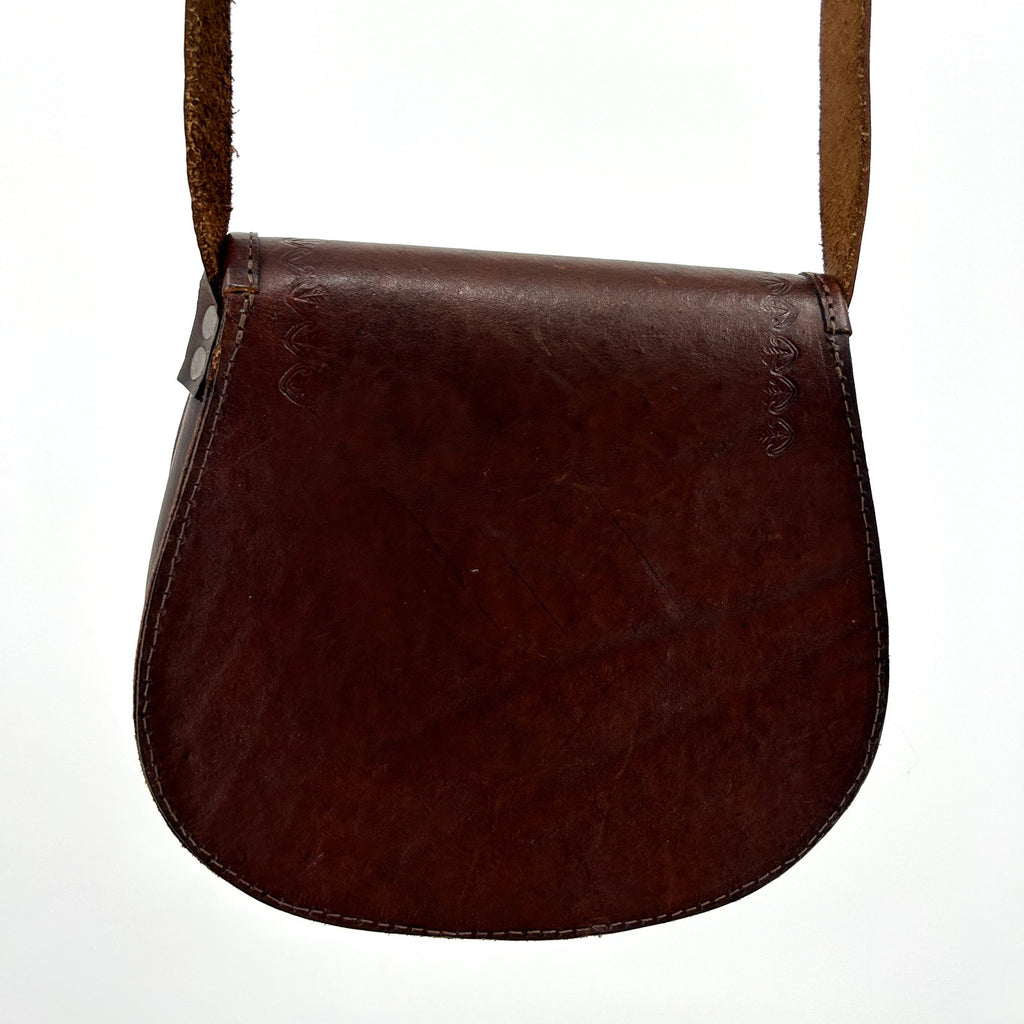 Vintage 90s Hand-Tooled Brown Leather Purse with Blue Fabric Inlay