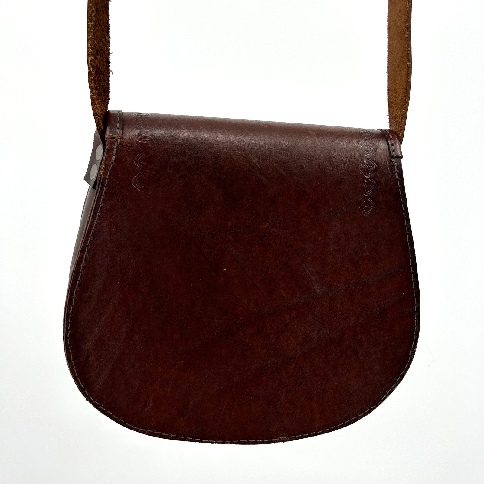 Vintage 90s Hand-Tooled Brown Leather Purse with Blue Fabric Inlay