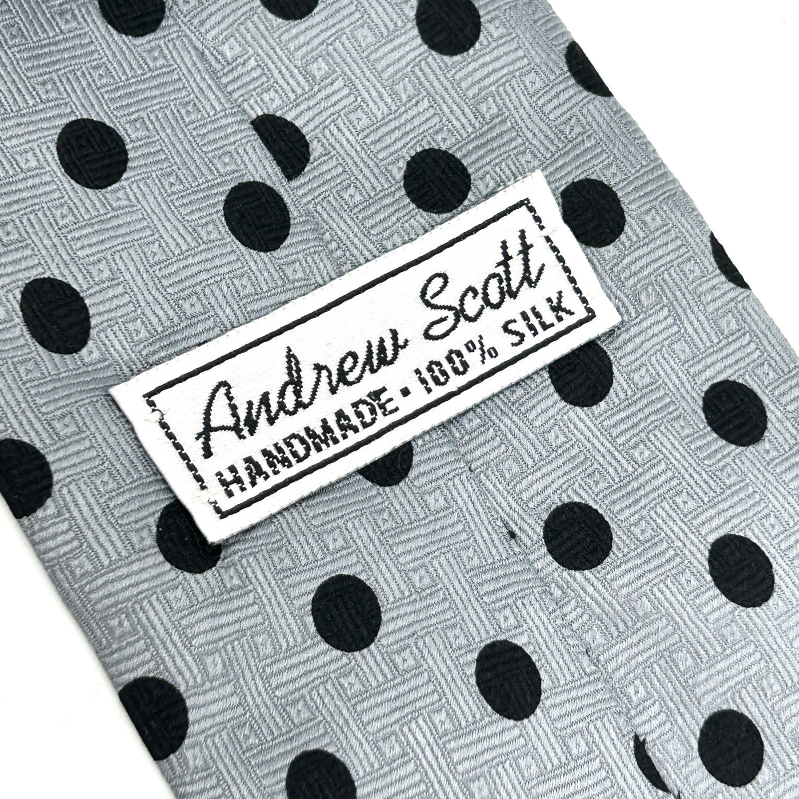 Vintage 80s Andrew Scott Silver Black Polka Dot 100% Silk Necktie