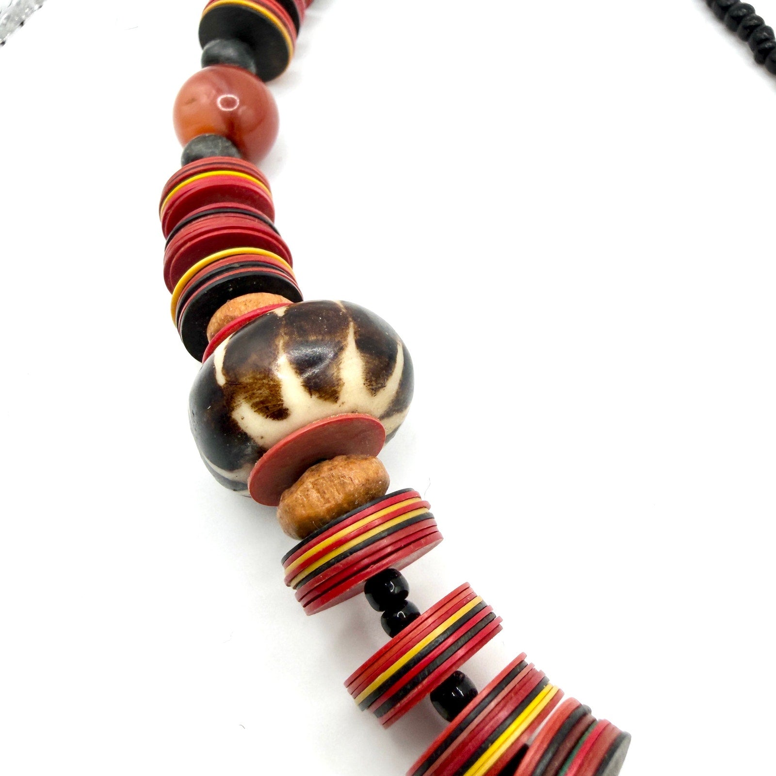 Vintage 80s African Wood Batik Bone Bead Red Multi Color Vinyl Disc Necklace