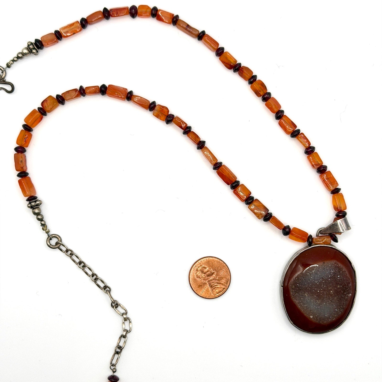 Vintage 90s Sterling Silver Carnelian Druzy Geode Pendant Necklace