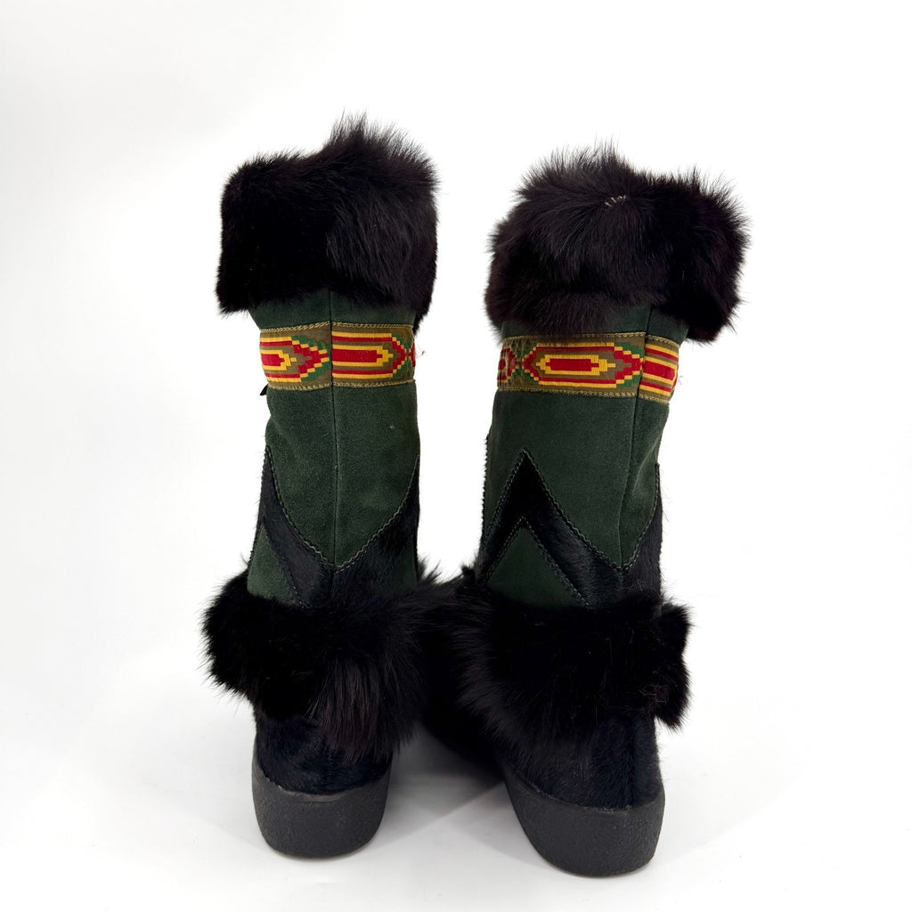 Vintage 90s Oscar Sport Green Suede Fur Trim Mukluk Boots