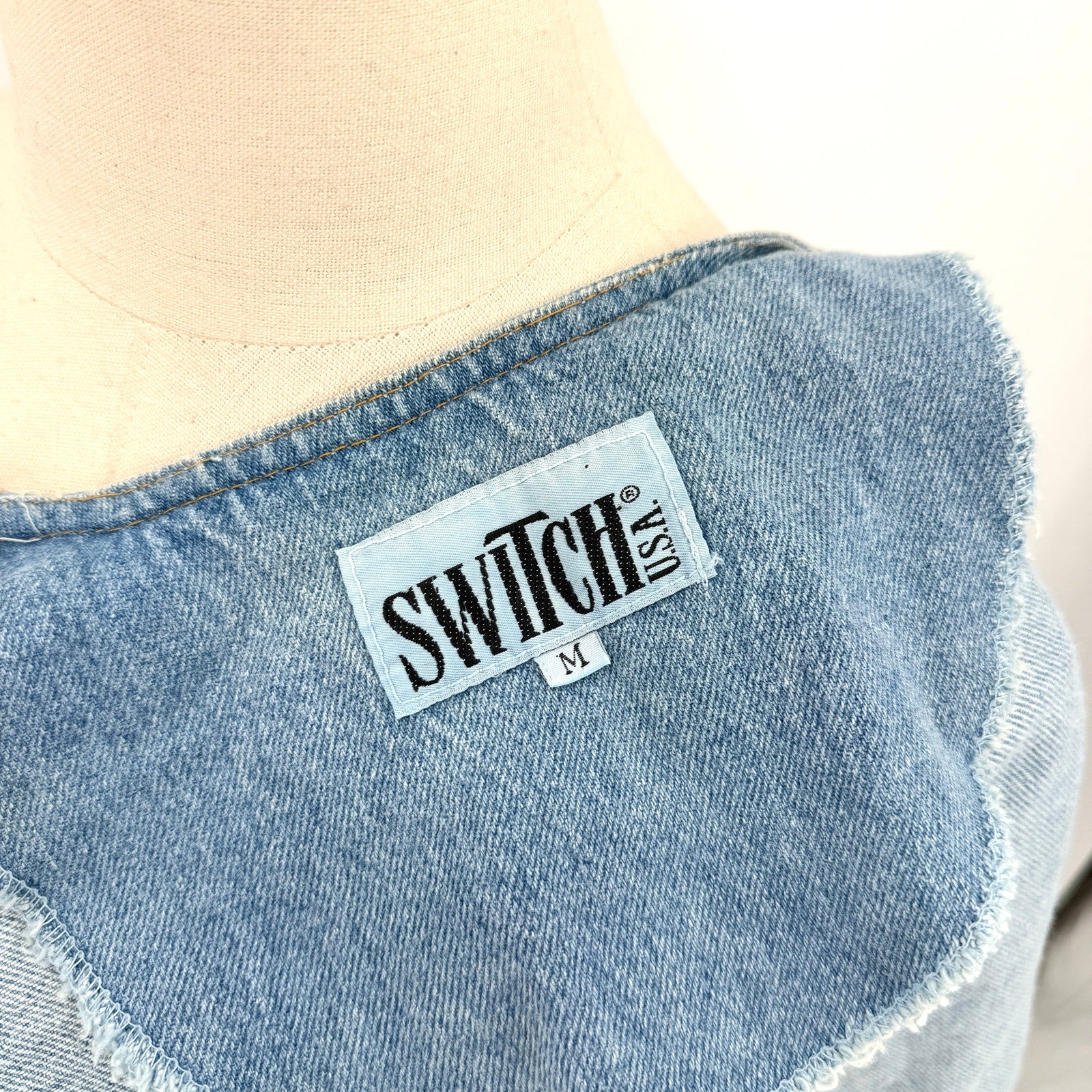 Vintage 90s Switch Blue 100% Cotton Cropped Brown Lace Trim Denim Jacket