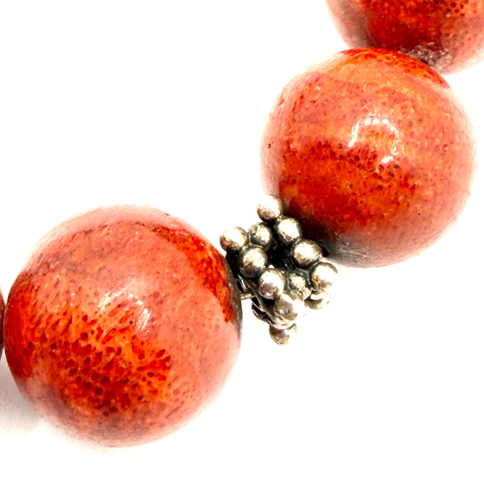 Vintage 90s Red Coral Bead Sterling Silver Toggle Bracelet