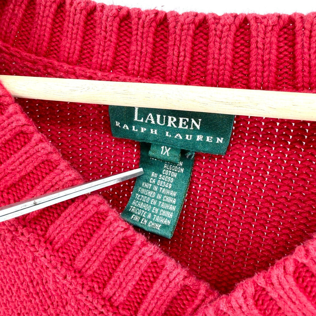 Vintage 90s Lauren Ralph Lauren Red 100% Cotton V-Neck Chunky Knit Sweater
