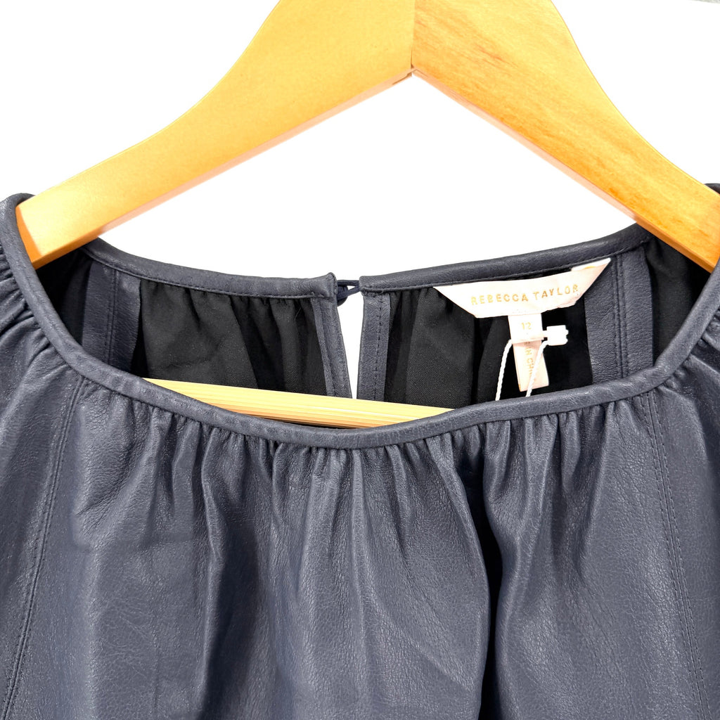 Rebecca Taylor Navy Blue Vegan Leather Silk Lined Puff Sleeve Top