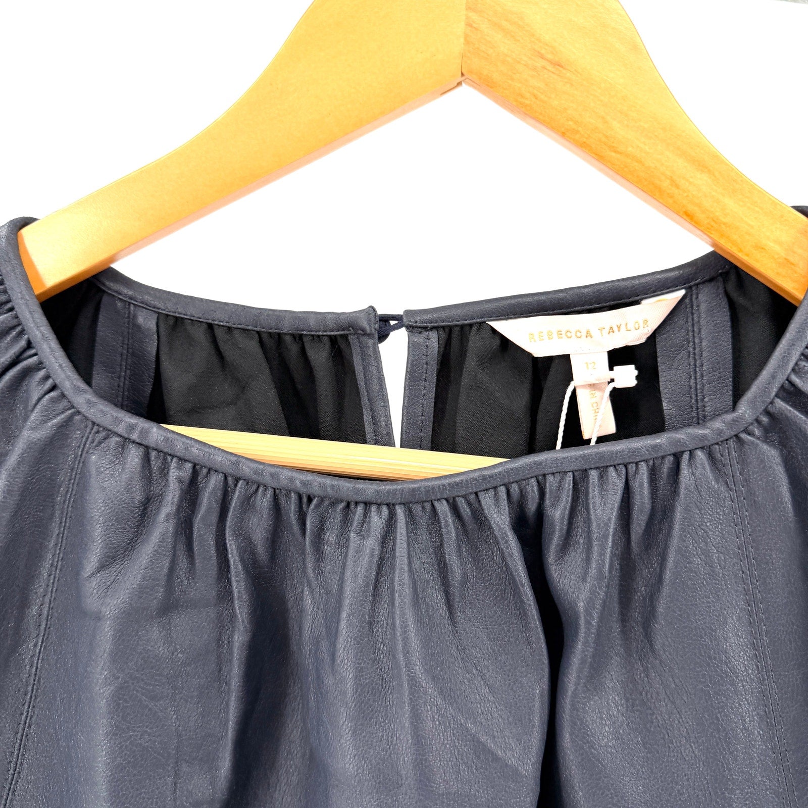 Rebecca Taylor Navy Blue Vegan Leather Silk Lined Puff Sleeve Top