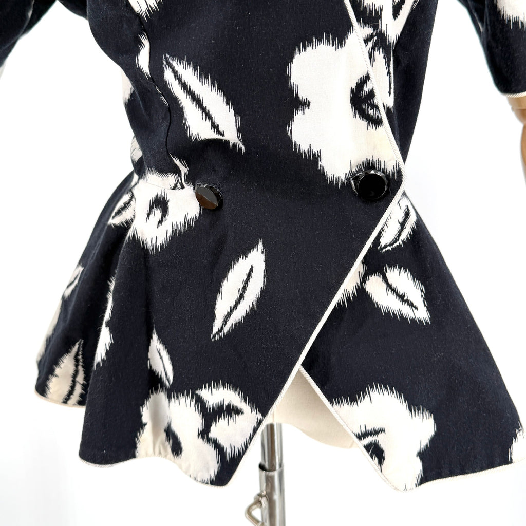Vintage 80s Lady Carol Black White Floral Peplum Double Breasted Jacket Blouse