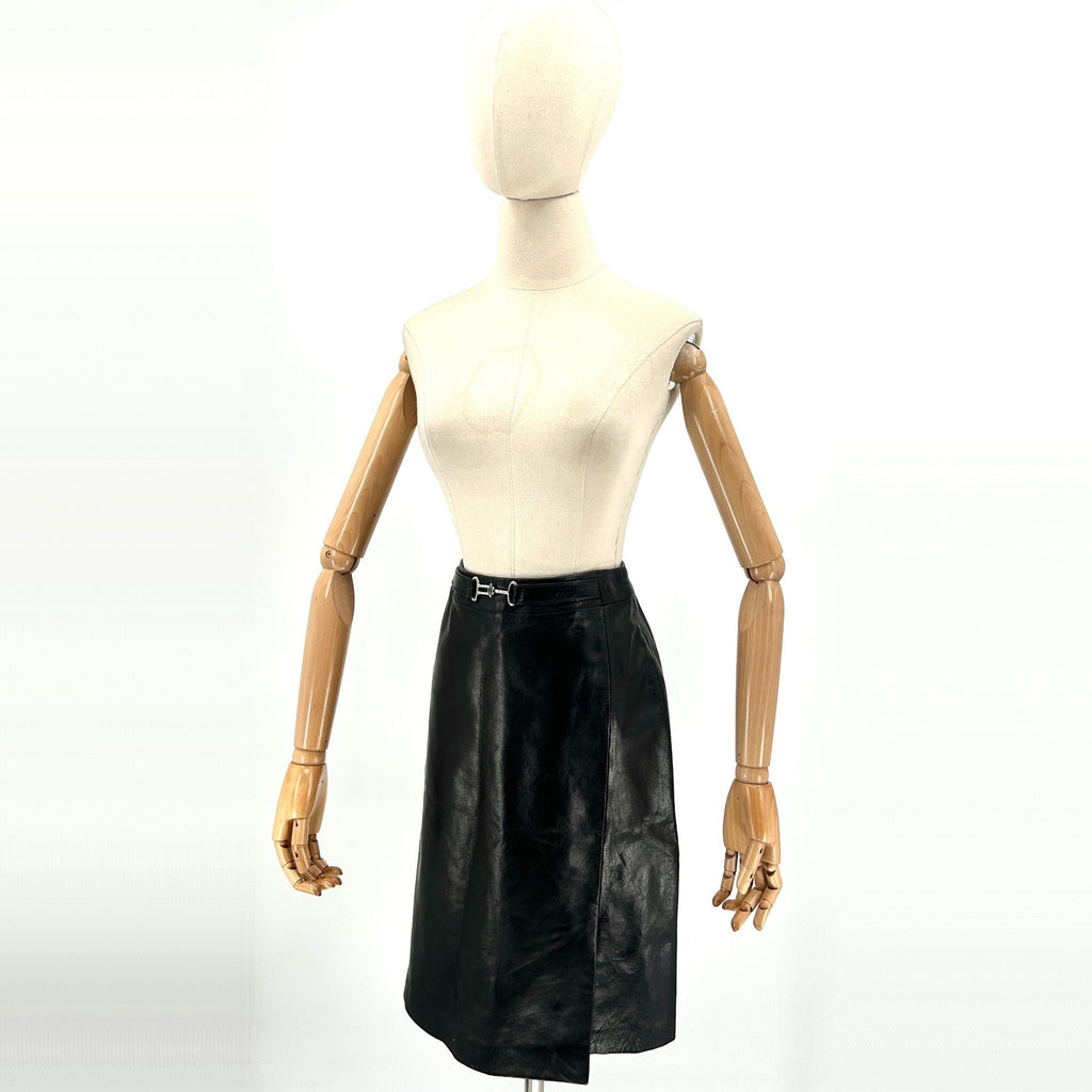 Vintage 90s Ann Taylor Black Genuine Leather Skirt with Horsebit Waist Detail