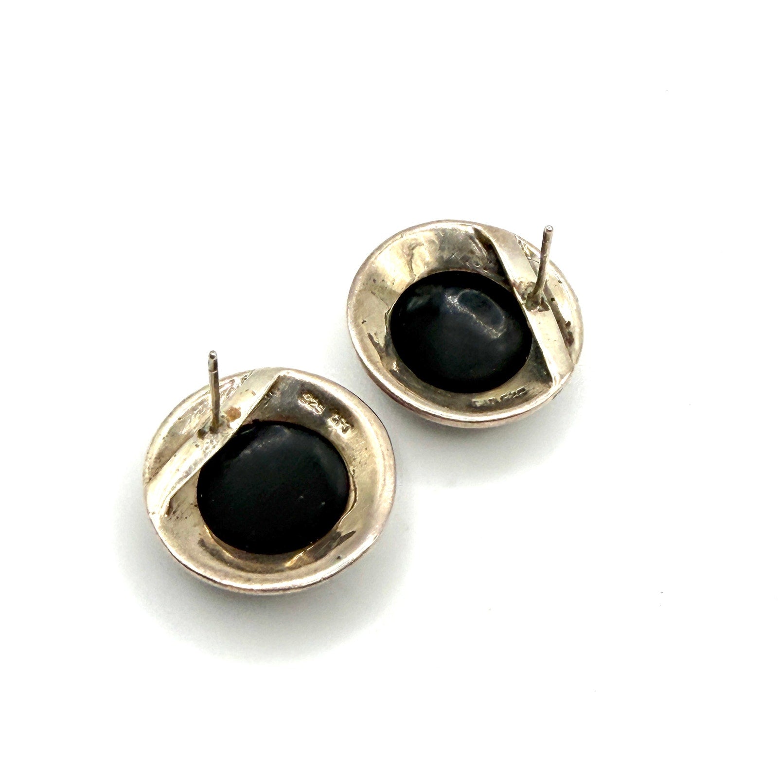 Vintage 90s Collins Fine Jewelry Sterling Silver Black Onyx Marcasite Studs