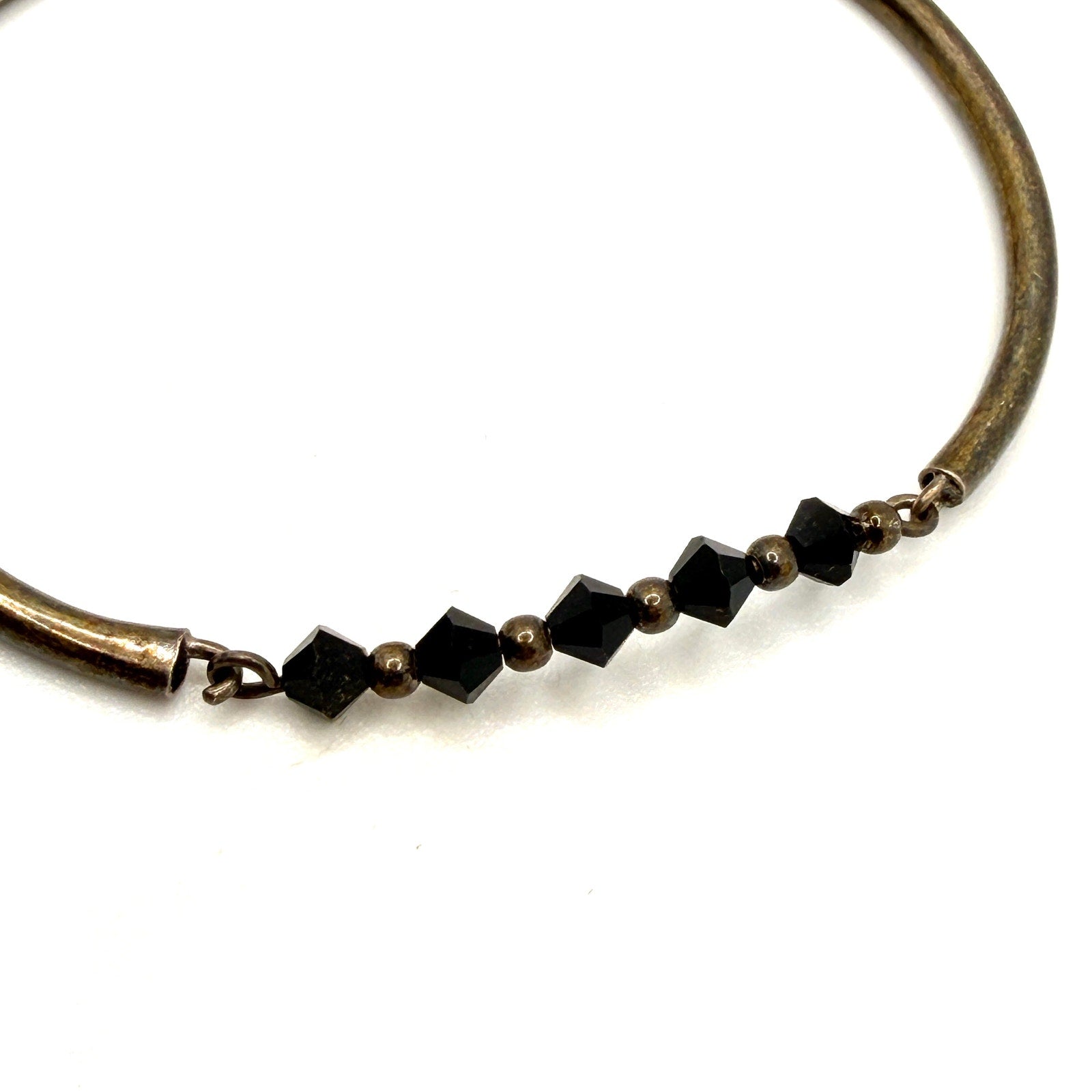 Vintage 90s Sterling Silver Black Onyx Bicone Bead Stamped Bangle Bracelet