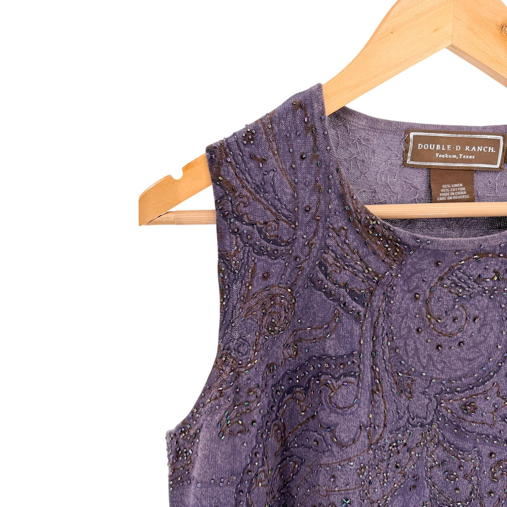 Vintage Y2K Double D Ranch Purple Beaded Paisley Sleeveless Sweater Knit Top