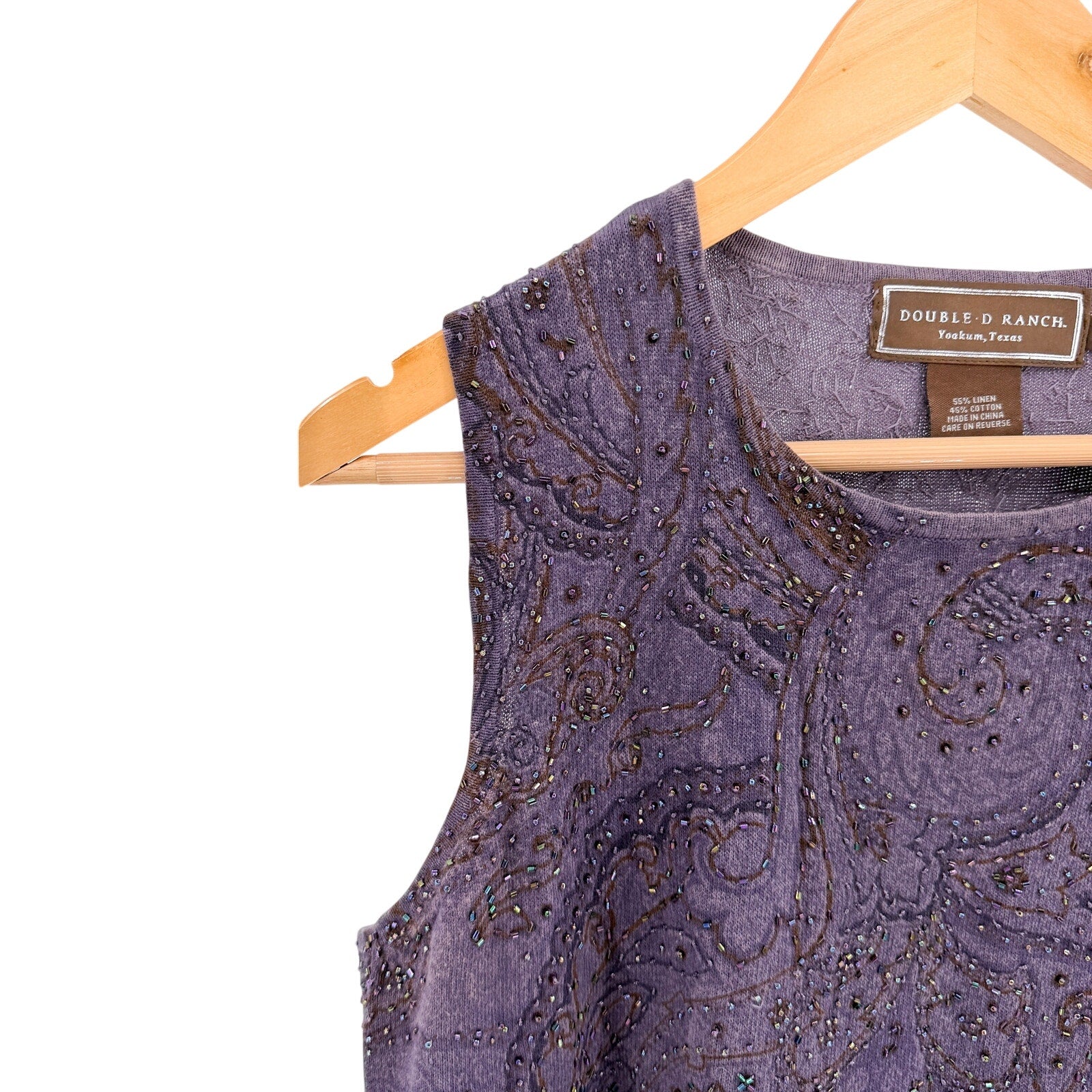Vintage Y2K Double D Ranch Purple Beaded Paisley Sleeveless Sweater Knit Top