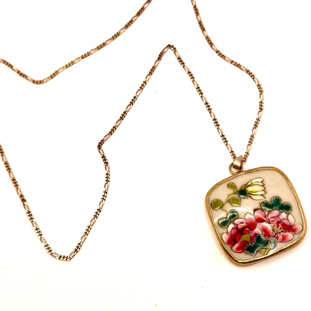Vintage 90s Pink White Green Sterling Silver Chinoiserie Shard Necklace