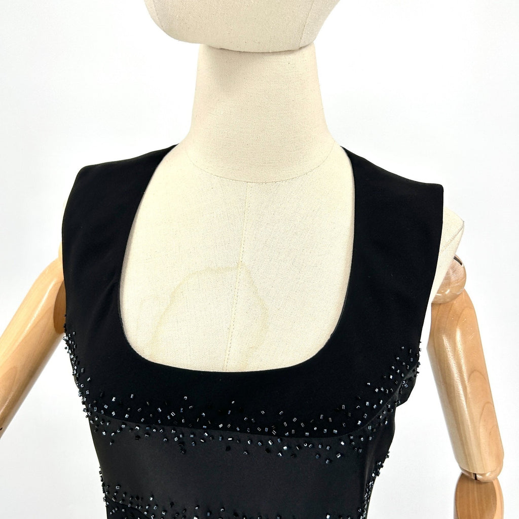Vintage 90s Evan-Picone Black Beaded Satin Trim Cocktail Midi Dress