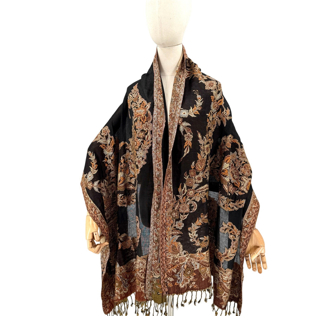 Black Brown Woven Jacquard Paisley Floral Fringe Wrap Shawl