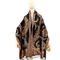 Black Brown Woven Jacquard Paisley Floral Fringe Wrap Shawl