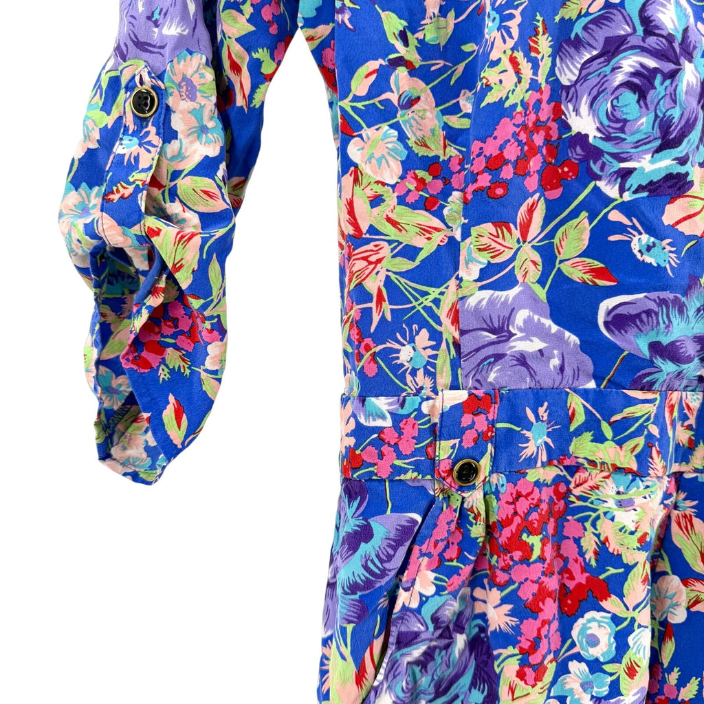 Yumi Kim Blue 100% Silk Floral Print Long Sleeve Wrap Romper