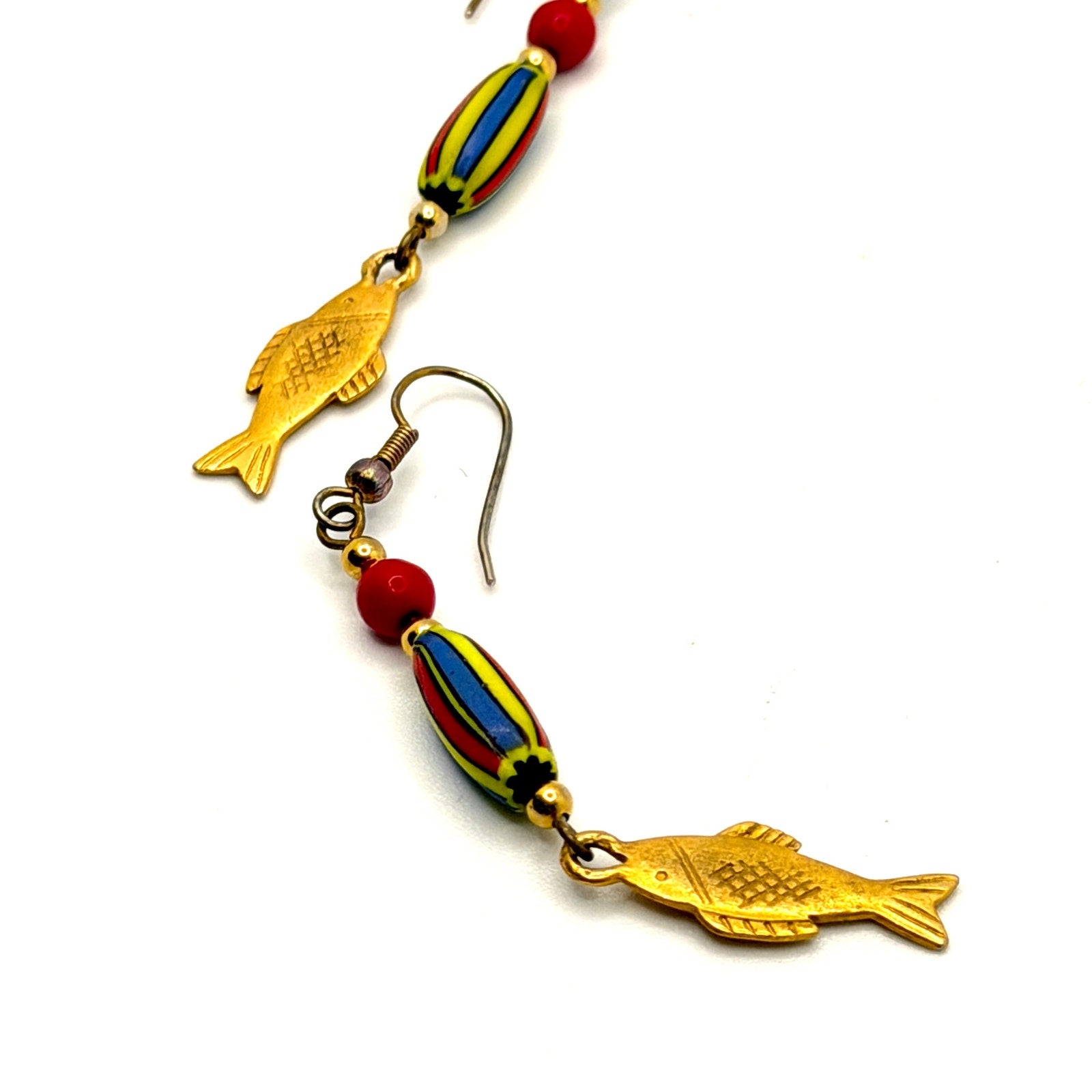 Vintage 90s Multicolor Venetian Glass African Trade Bead Gold Fish Drop Earrings