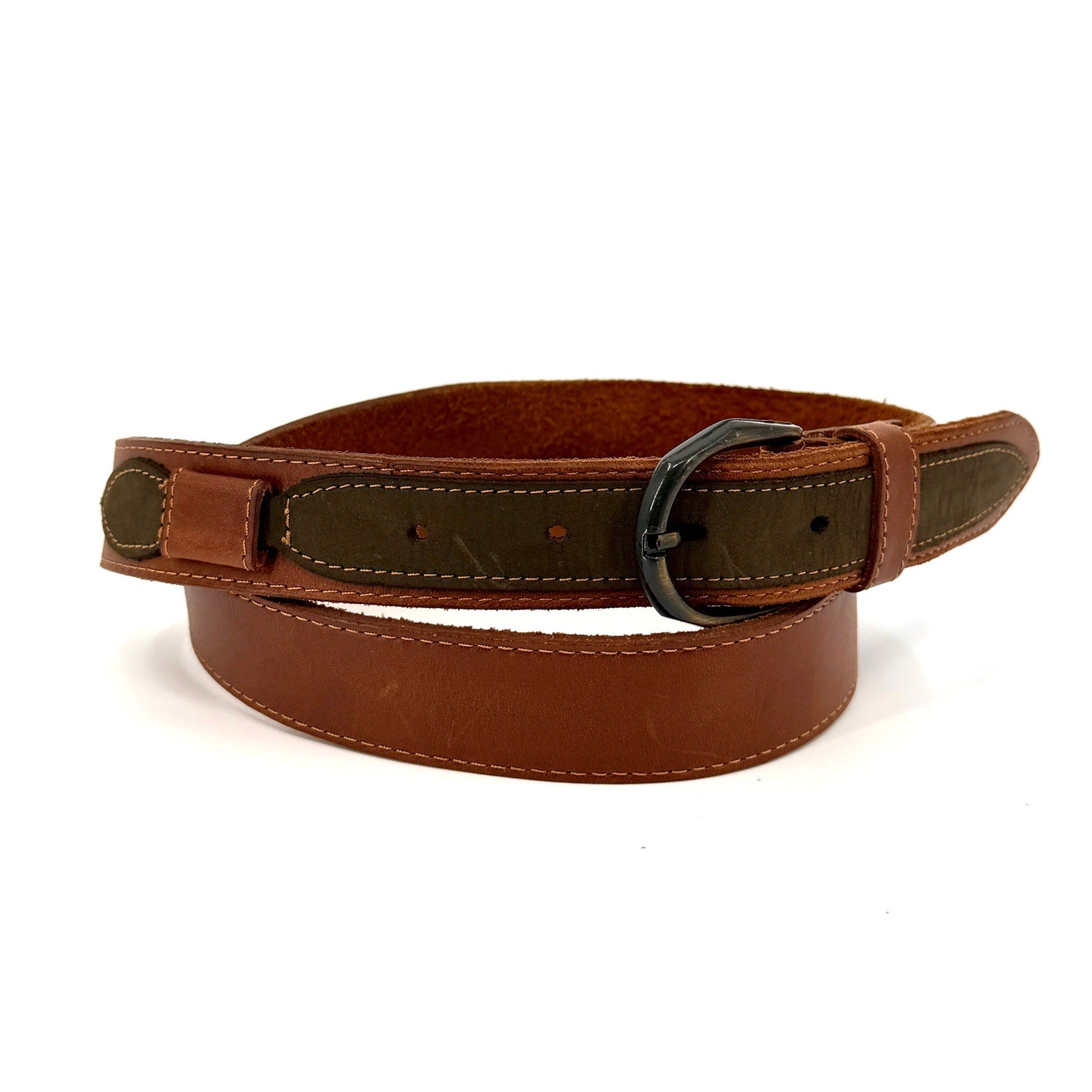 Vintage 90s Brown Genuine Leather Contrast Forest Green Trim Belt