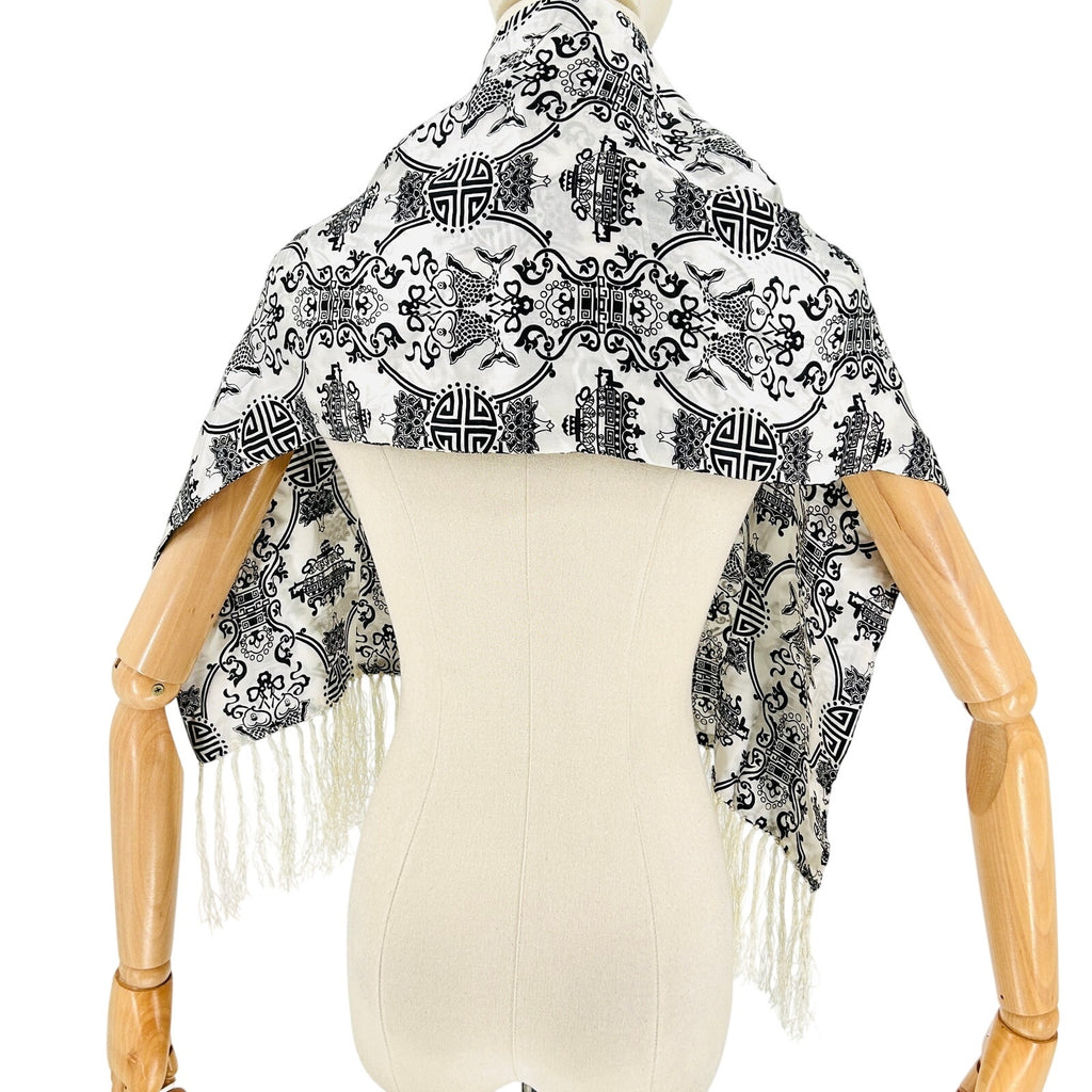 Black White Silk Satin Chinese Asian Motif Tapestry Print Fringe Scarf