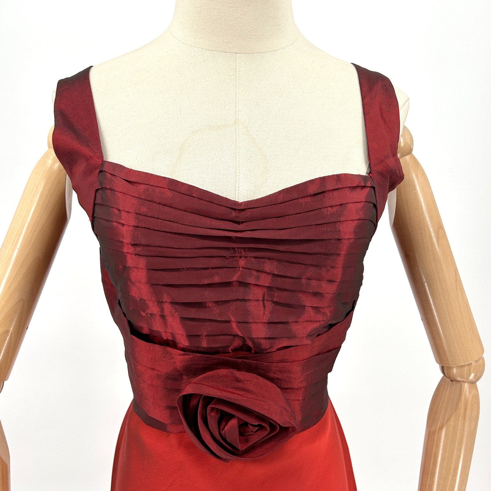 Vintage 50s Galatea Red Silk Iridescent Corset Rosette Midi Dress